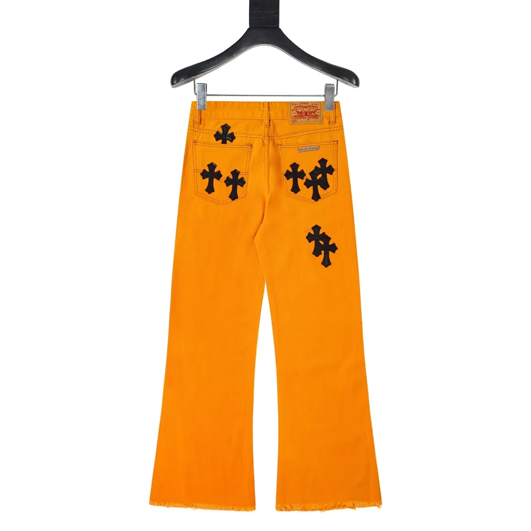 P250 model number Y843 ChromeHeart & ChromeHeart Yang and Su's same style. Extinct Virgil co-branded flare jeans. Original hardware accessories, washed and other elevators. The QR code analysis is all purchased from the original factory, with high degree of restoration. You are welcome to compare the products~ Three-dimensional version. Loose and comfortable, not picky about the body. Make you taller and slimmer. Factory Seiko. Original quality control. Same style for men and women. Can be matched with couples. Versatile recommendation. Must-have jeans for all seasons. Hipsters have been disappointed. From the quality selection of fabrics, the tailoring of details, and the matching of patterns, everything is impeccable! The upper body is so handsome when worn...it can be easily worn by men, women and children! The craftsmanship is made of heavy-duty washed pure cotton denim fabric. After washing, it is soft and thick, and looks very stylish when worn. Size: s～xl Color: Orange